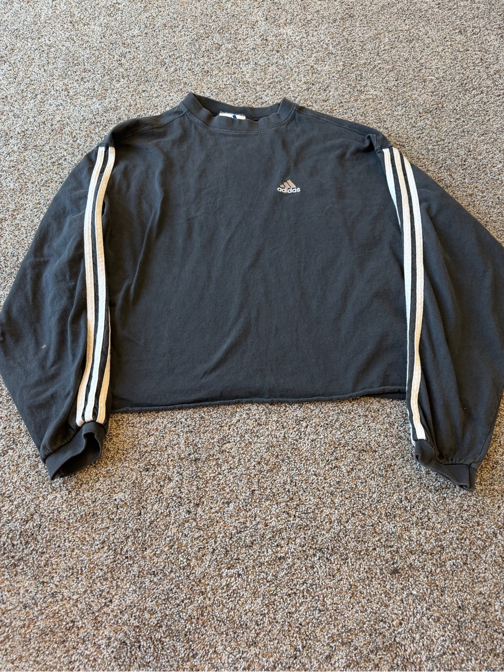 Vintage 90s Adidas Large Black 3 Stripe Long Sleeve Cropped Tee Blue Flag Tag